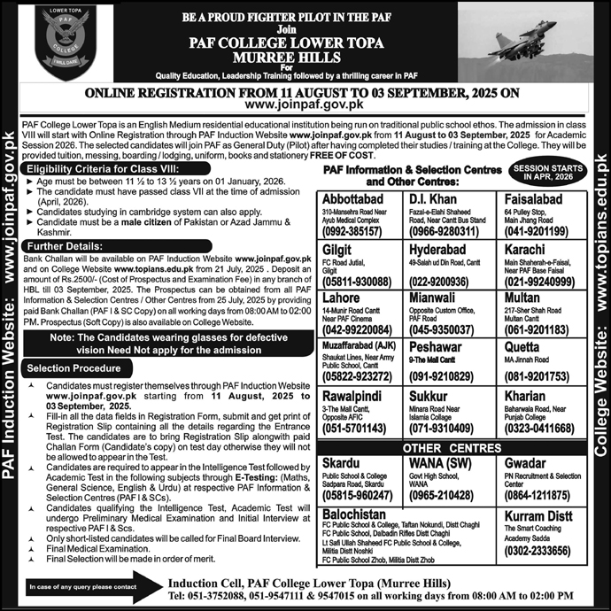 Admission Open in PAF College Lower Topa Murree Hills